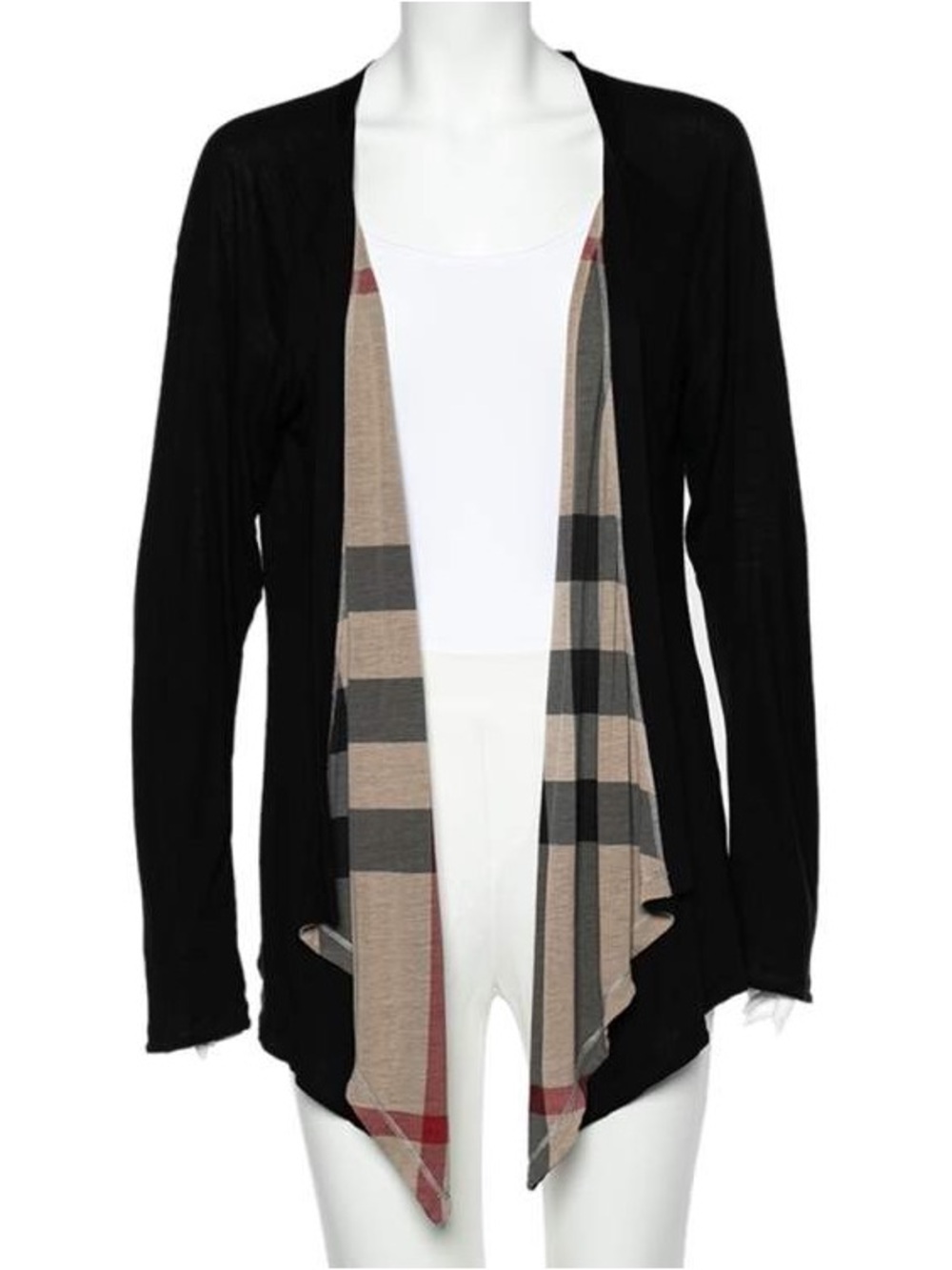 Burberry Reversible Waterfall Black Cardigan with Classic Beige Plaid Lining - L - Picture 3 of 10